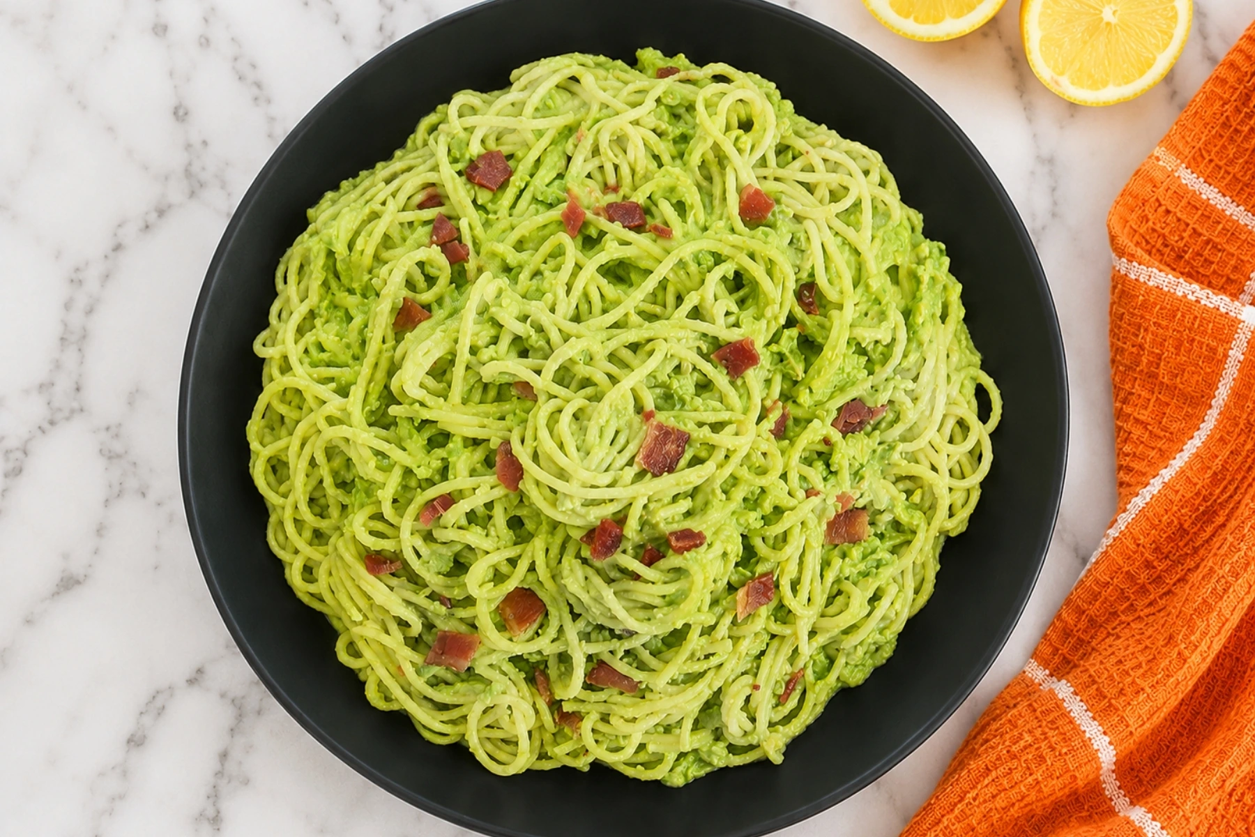 Creamy avocado pasta with crispy bacon in a black bowl on a white marble countertop with lemon and orange towel