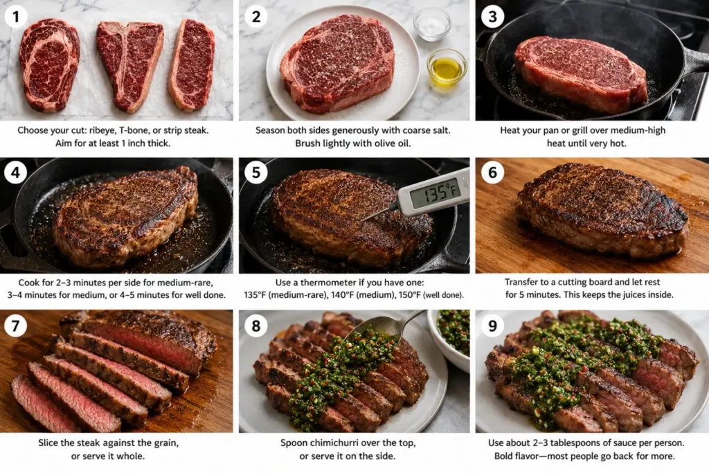 Step-by-step chimichurri steak cooking guide showing how to choose, season, sear, rest, slice, and serve steak with fresh chimichurri sauce.