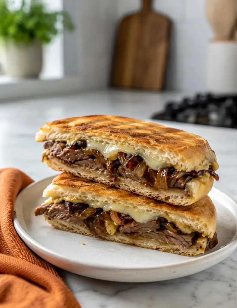 Steak and caramelized onion panini with melted provolone on ciabatta