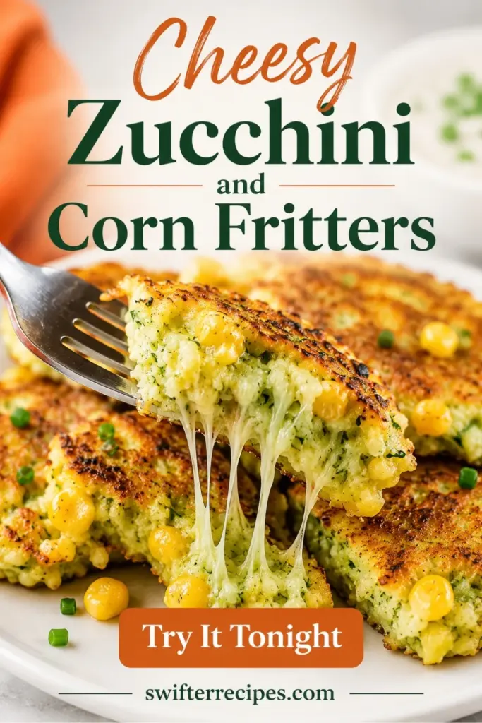 Pinterest pin featuring cheesy zucchini and corn fritters with melted cheese pull and the text “Try It Tonight.”