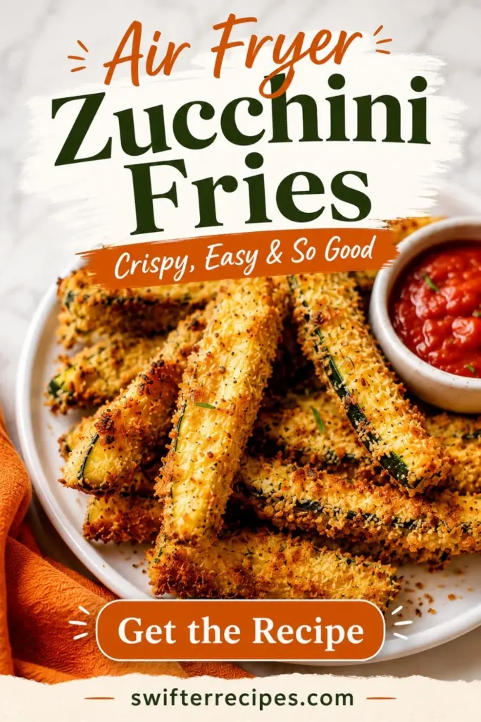 Pinterest pin for Air Fryer Zucchini Fries showing crispy breaded zucchini sticks with marinara sauce and a Get the Recipe button.