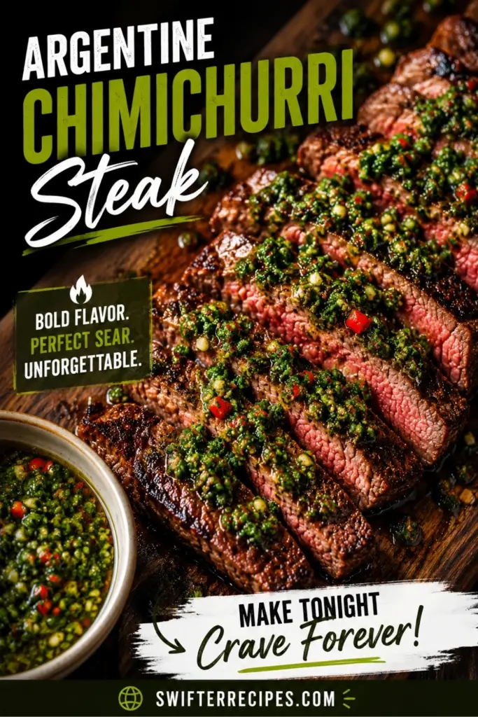 Argentine chimichurri steak Pinterest pin with sliced grilled steak, fresh green chimichurri sauce, bold recipe text, and Swifter Recipes branding.