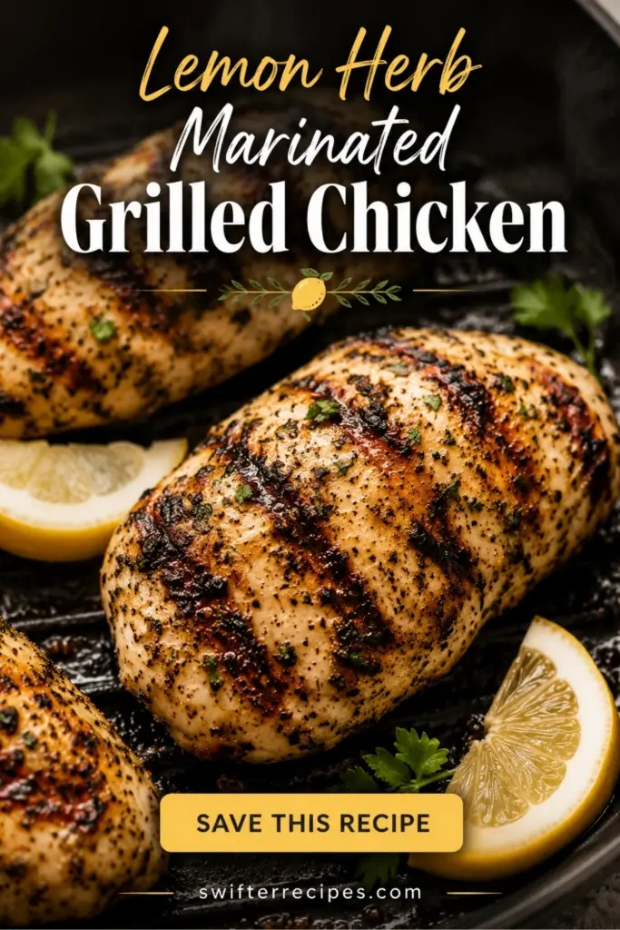 Lemon herb marinated grilled chicken with golden grill marks, fresh parsley, and lemon wedges in a dark skillet with save this recipe text.