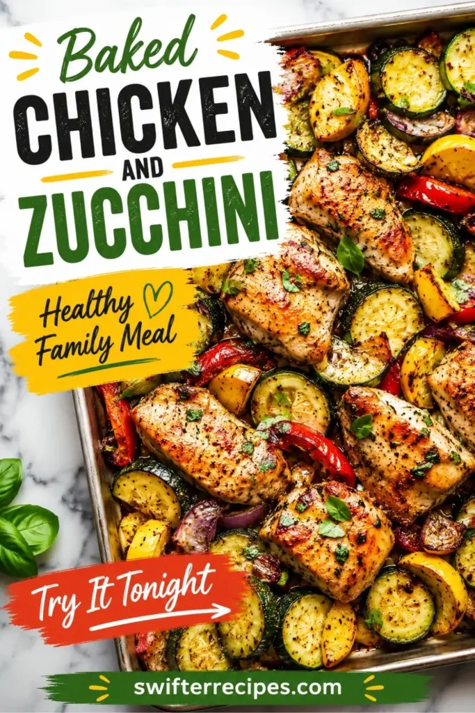 Pinterest pin featuring Baked Chicken and Zucchini with golden chicken pieces, roasted zucchini, yellow squash, red peppers, and herbs on a sheet pan.