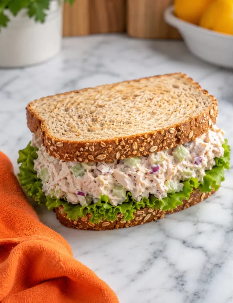 Tuna Greek yogurt salad sandwich with celery red onion and lettuce