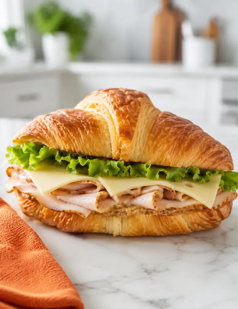 Turkey cheese croissant sandwich with lettuce and Dijon mustard