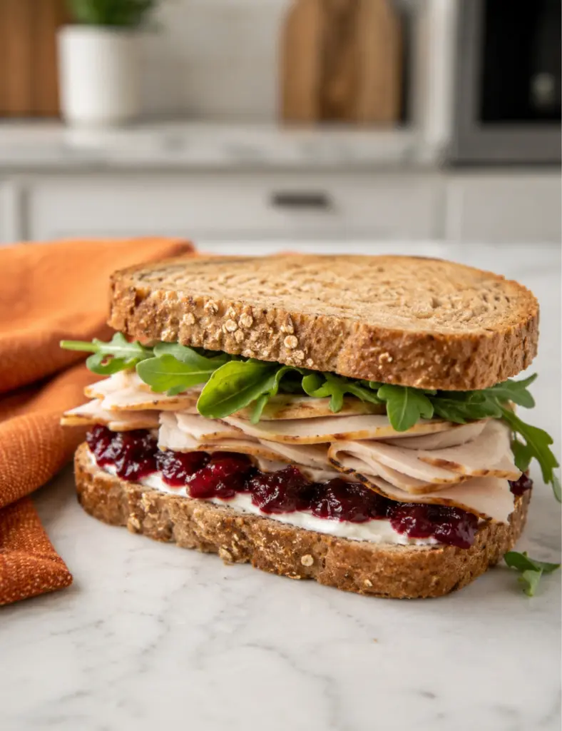 Turkey cranberry sandwich with cream cheese and arugula on whole grain bread