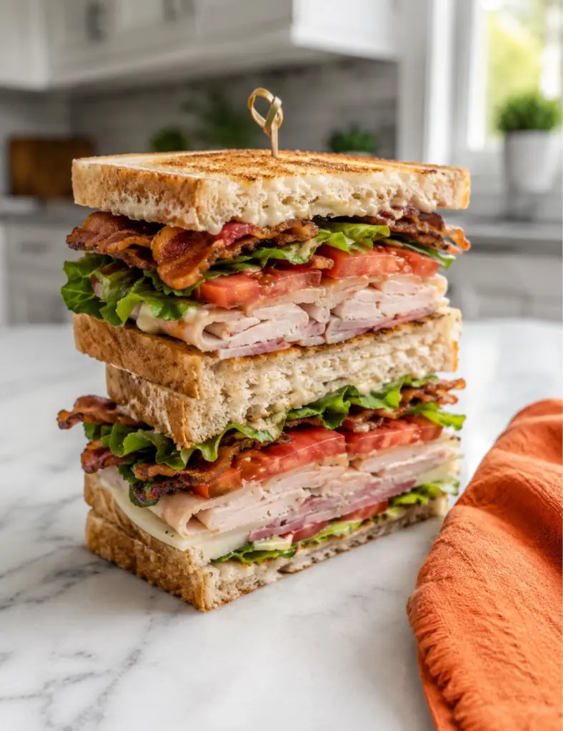 Tall club sandwich with turkey ham bacon lettuce and tomato on toasted bread