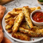 Air Fryer Zucchini Fries served on a white plate with marinara dipping sauce and an orange kitchen towel on a marble countertop.