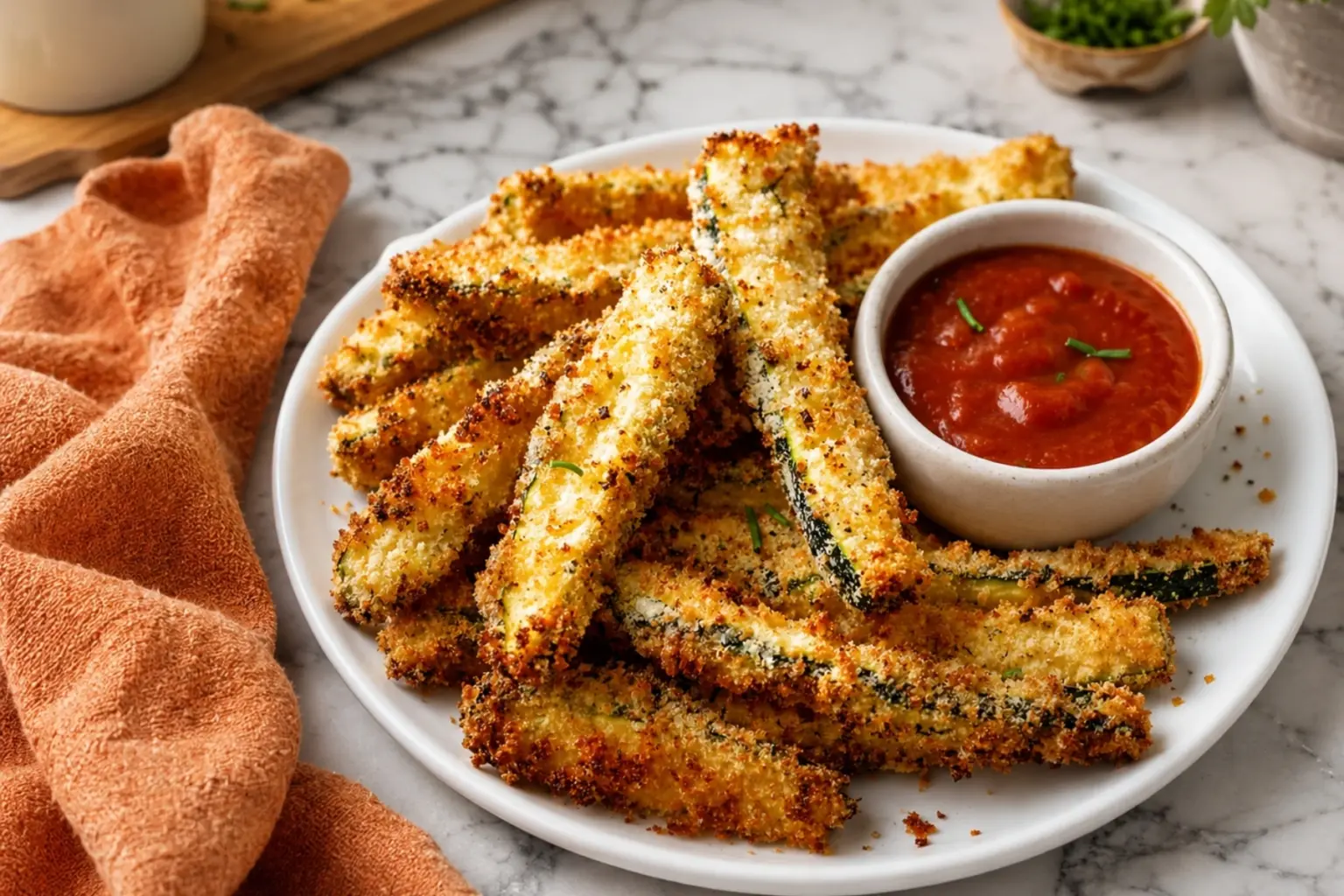 Air Fryer Zucchini Fries served on a white plate with marinara dipping sauce and an orange kitchen towel on a marble countertop.