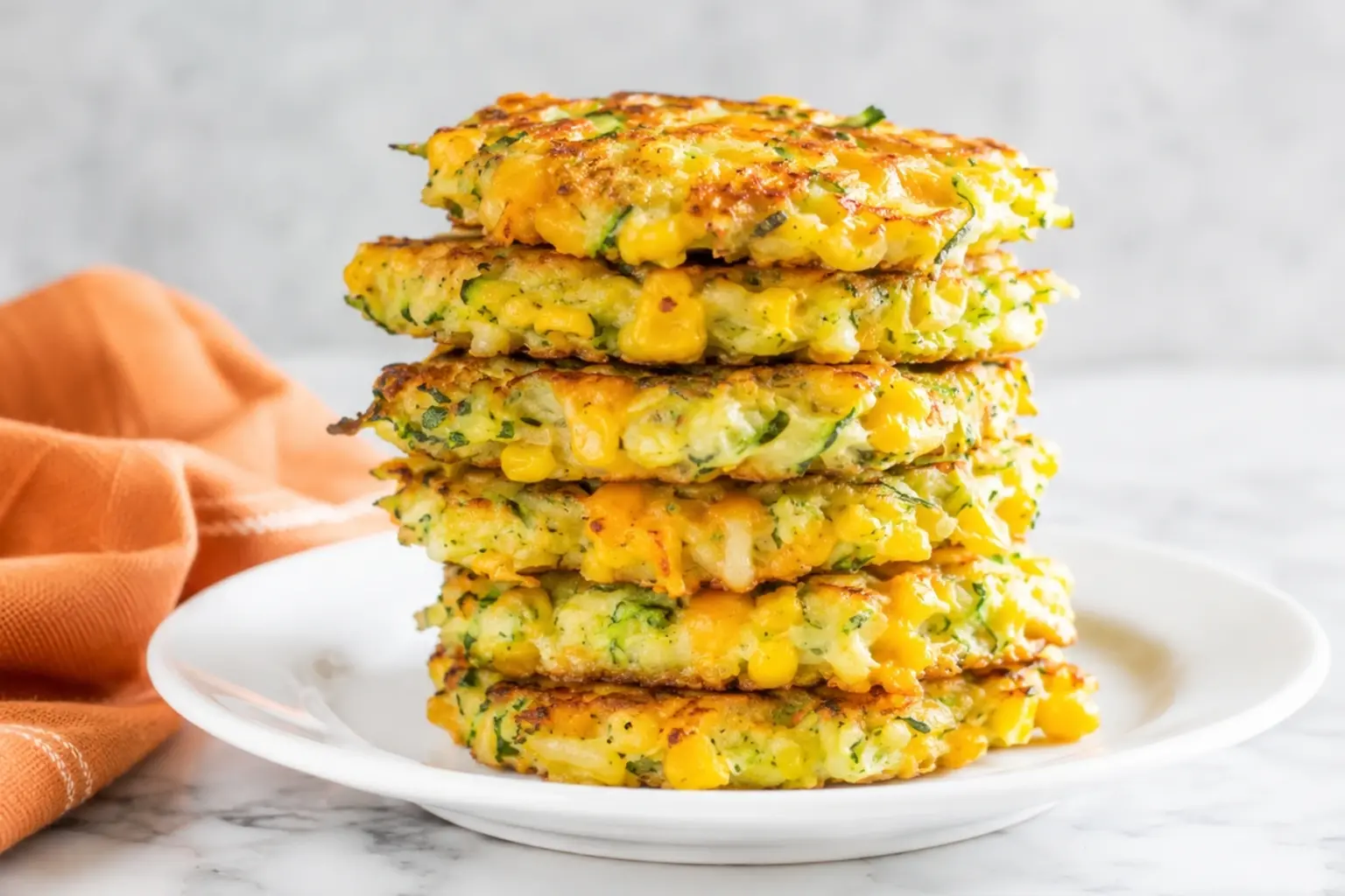 Stack of cheesy zucchini and corn fritters with golden crispy edges on a white plate beside an orange kitchen towel.