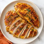 Slow Cooker Chicken Breast with golden seasoning on a plate, styled on a white marble countertop with an orange kitchen towel.