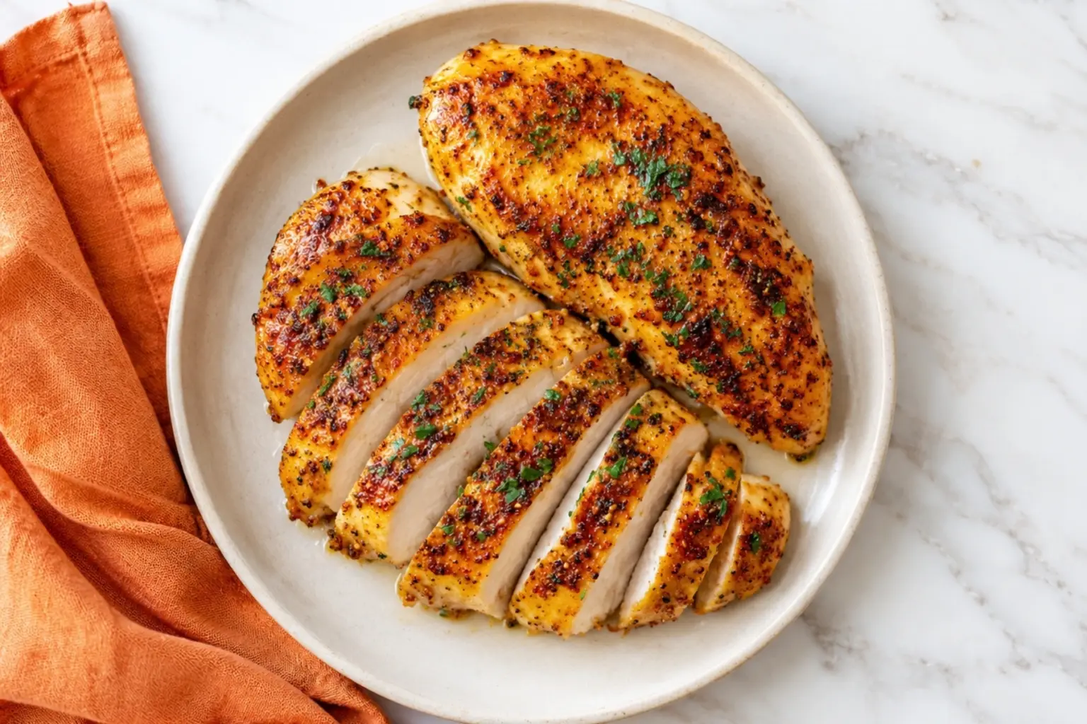 Slow Cooker Chicken Breast with golden seasoning on a plate, styled on a white marble countertop with an orange kitchen towel.