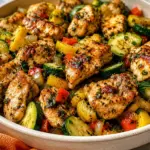 Baked chicken and zucchini with yellow squash, red bell pepper, onion, and fresh herbs in a round baking dish.