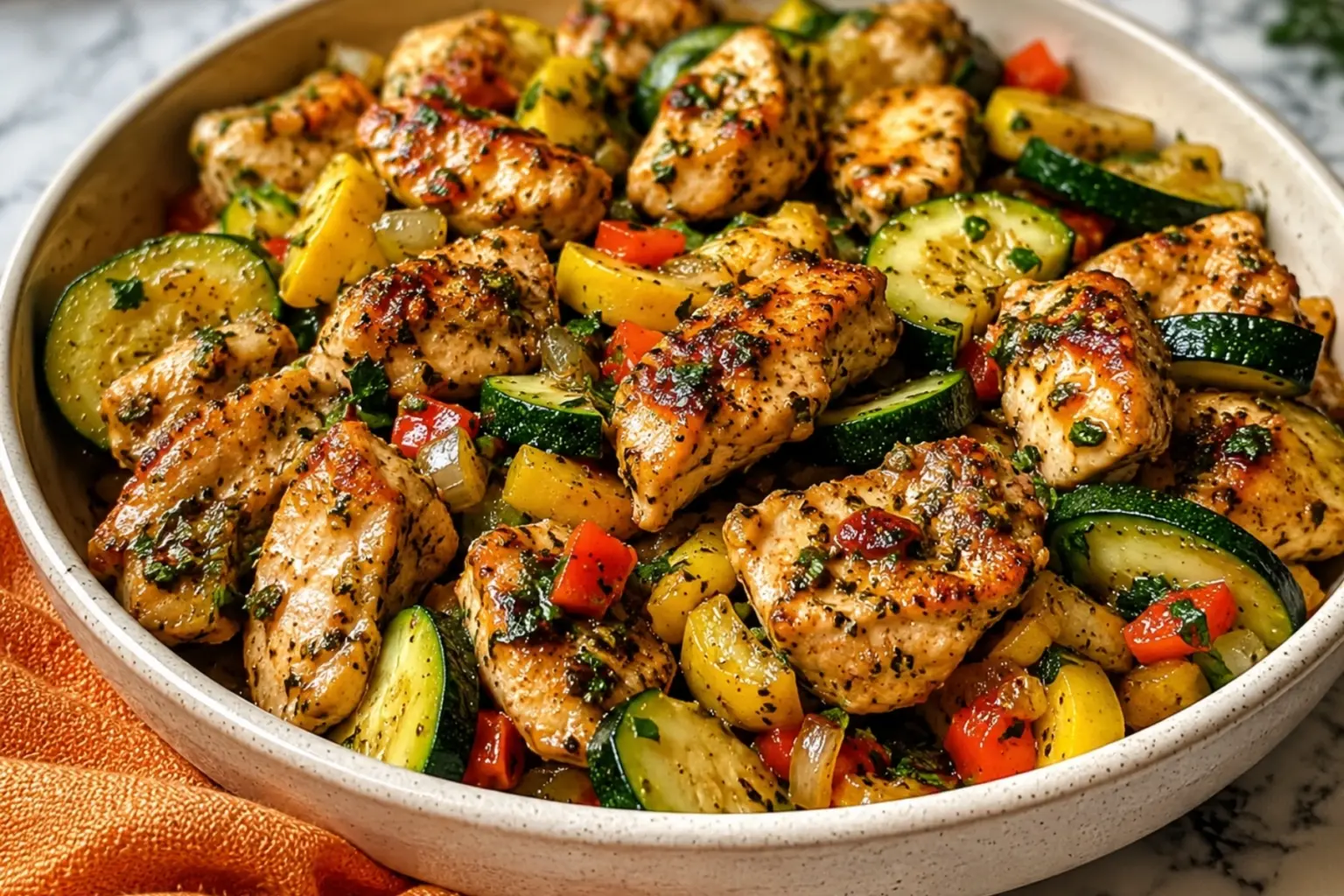 Baked chicken and zucchini with yellow squash, red bell pepper, onion, and fresh herbs in a round baking dish.