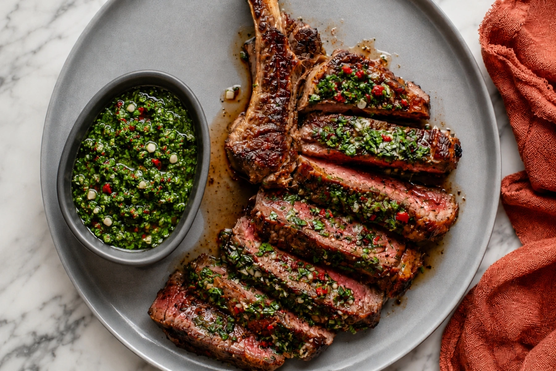 Chimichurri steak sliced medium rare on a gray plate with fresh herb sauce, red chili, garlic, and a side bowl of chimichurri on a white marble countertop.