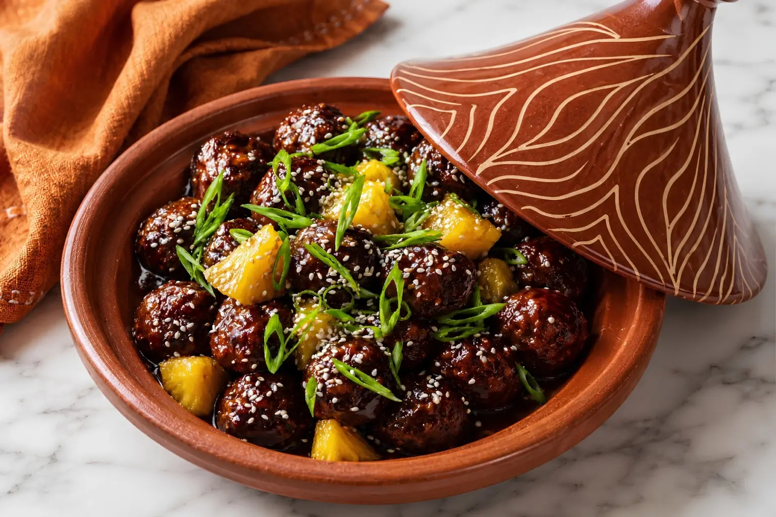 Slow Cooker Teriyaki Meatballs with pineapple, sesame seeds and sliced green onions served in a glazed terracotta dish on a white marble countertop.