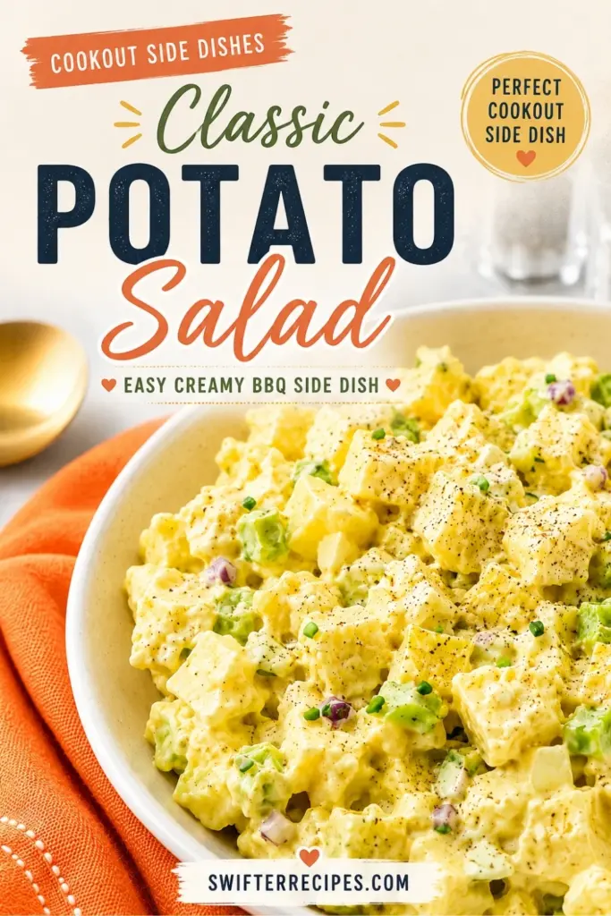Pinterest pin for Classic Potato Salad with creamy potatoes, celery, red onion, black pepper, orange towel, and text for cookout side dishes from swifterrecipes.com.