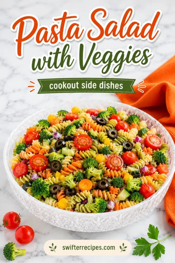 Pinterest pin for Pasta Salad with Veggies in a crystal bowl with tri-color rotini, cherry tomatoes, broccoli, olives, cucumber, carrots, and cookout side dishes text