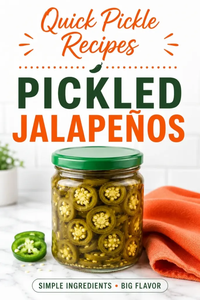 Pinterest pin for Quick Pickled Jalapeños showing a glass jar of sliced jalapeños in brine with bold recipe text, fresh peppers, and an orange kitchen towel on a marble counter.