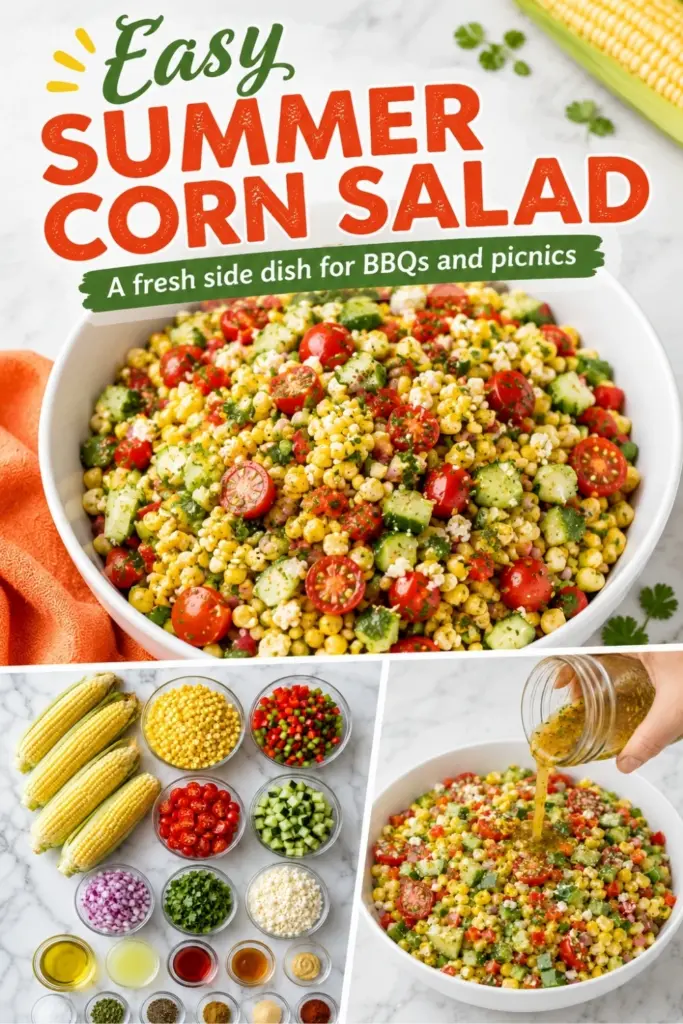 Pinterest pin for easy summer corn salad recipe with fresh corn, cherry tomatoes, cucumber, bell peppers, herbs, cheese, ingredient flat lay, and dressing poured over the salad.