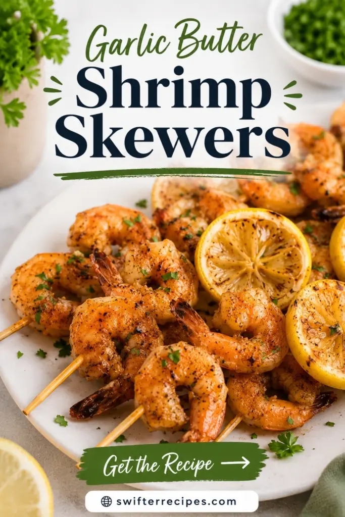 Pinterest pin for garlic butter shrimp skewers with juicy grilled shrimp, charred lemon slices, fresh parsley, and a Get the Recipe call-to-action.