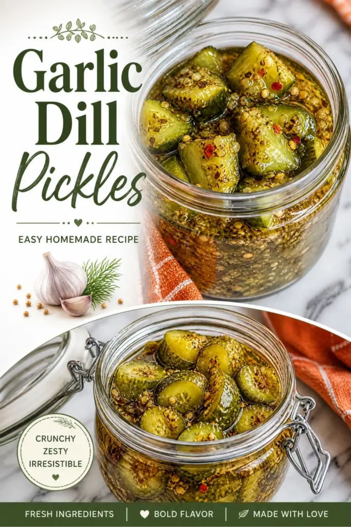 Garlic Dill Pickles Pinterest recipe graphic with two jars of homemade pickles, garlic, dill, mustard seeds, orange towel, and text for an easy homemade recipe.