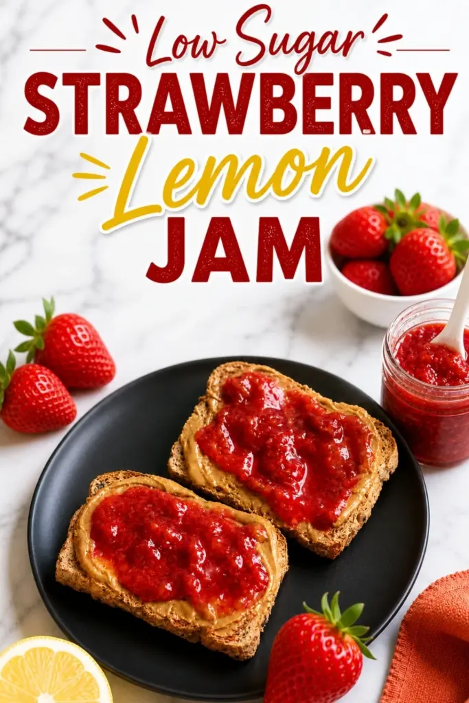 Low Sugar Strawberry Lemon Jam spread on peanut butter toast with fresh strawberries, lemon, jam jar, and orange towel on marble countertop.
