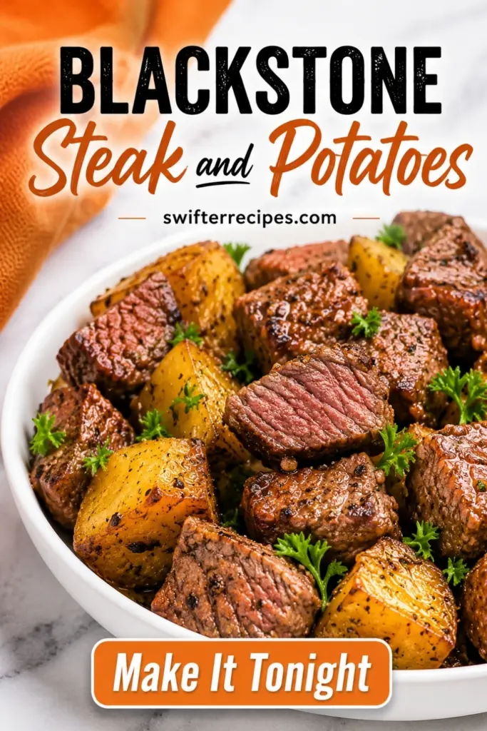 Blackstone Steak and Potatoes Pinterest pin with juicy steak bites, crispy golden potatoes, fresh parsley, and a Make It Tonight call-to-action.
