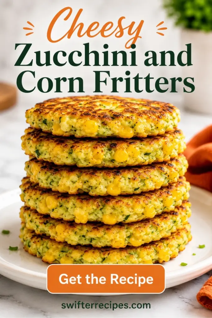 Pinterest pin showing a stack of crispy cheesy zucchini and corn fritters with the text “Get the Recipe” and swifterrecipes.com.