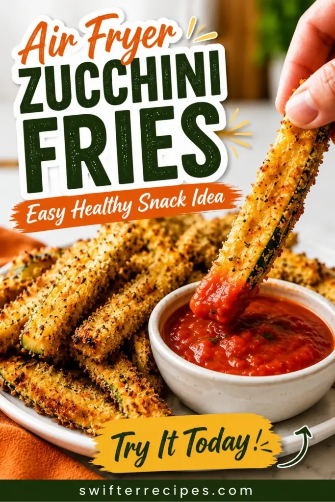 Pinterest pin showing crispy Air Fryer Zucchini Fries being dipped in marinara sauce with a Try It Today call to action.