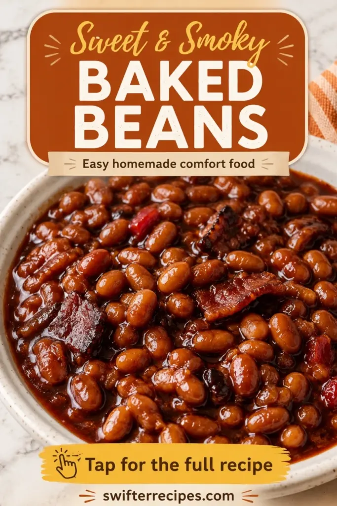 Pinterest pin for sweet and smoky baked beans with bacon in a glossy sauce, featuring the call to action tap for the full recipe.