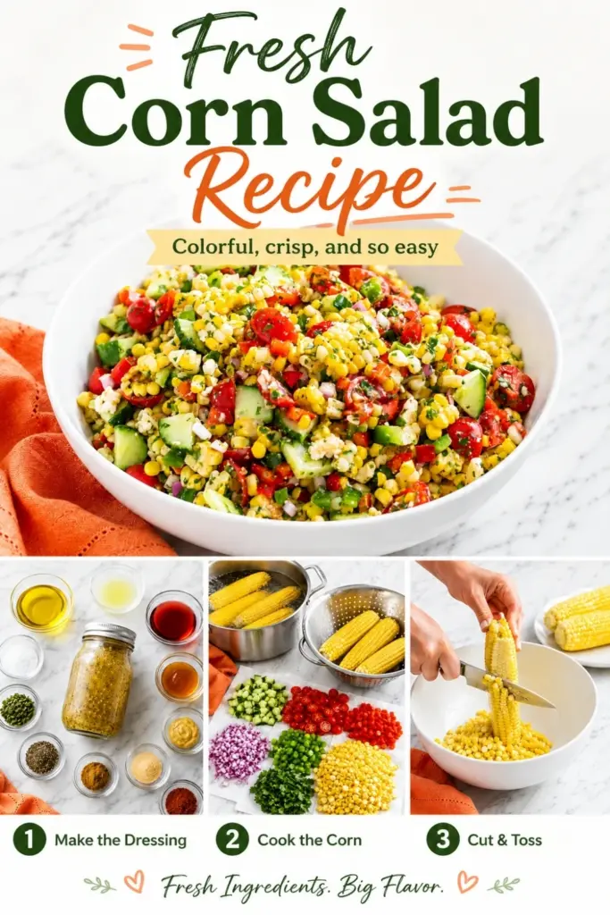 Pinterest pin for fresh corn salad recipe with a white bowl of corn salad, dressing ingredients, cooked corn, chopped vegetables, and corn kernels being cut from the cob.