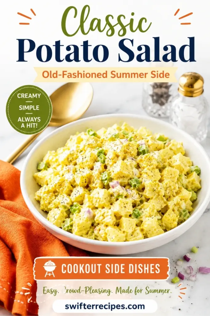 Pinterest pin for Classic Potato Salad with creamy potatoes, celery, red onion, black pepper, orange towel, cookout side dishes text, and swifterrecipes.com branding.