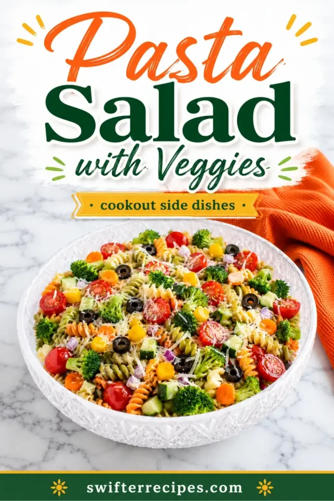 Pinterest pin for Pasta Salad with Veggies featuring a crystal bowl of tri-color pasta salad, cherry tomatoes, broccoli, olives, and the text cookout side dishes with swifterrecipes.com