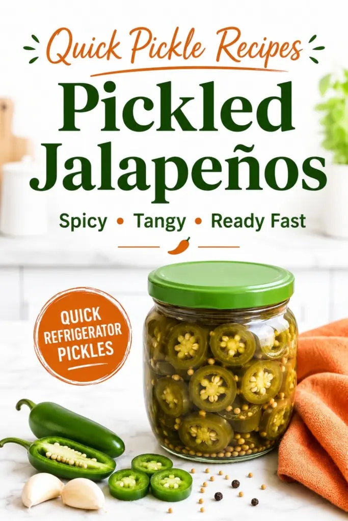 Pinterest pin for Quick Pickled Jalapeños showing a jar of sliced jalapeños in brine with fresh peppers, garlic, spices, and an orange towel on a marble kitchen counter.