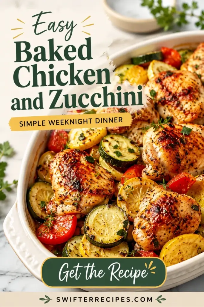 Pinterest pin for Easy Baked Chicken and Zucchini with roasted chicken, zucchini, yellow squash, and red peppers in a baking dish.