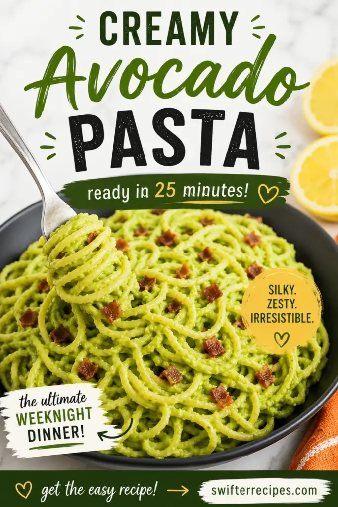 Pinterest pin for creamy avocado pasta with crispy bacon, fork twirl, 25-minute dinner text, lemon, and swifterrecipes.com CTA