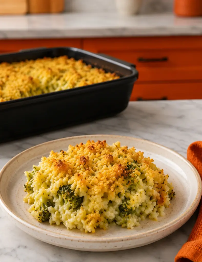 Serving of zucchini casserole with a golden crispy topping on a ceramic plate, with the black baking dish in the background.
