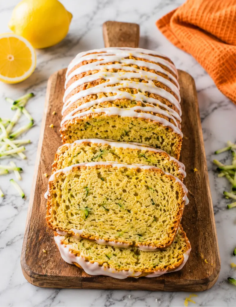 Sliced lemon zucchini bread loaf with white glaze on a wooden cutting board, styled with fresh lemon and an orange kitchen towel on a marble countertop.