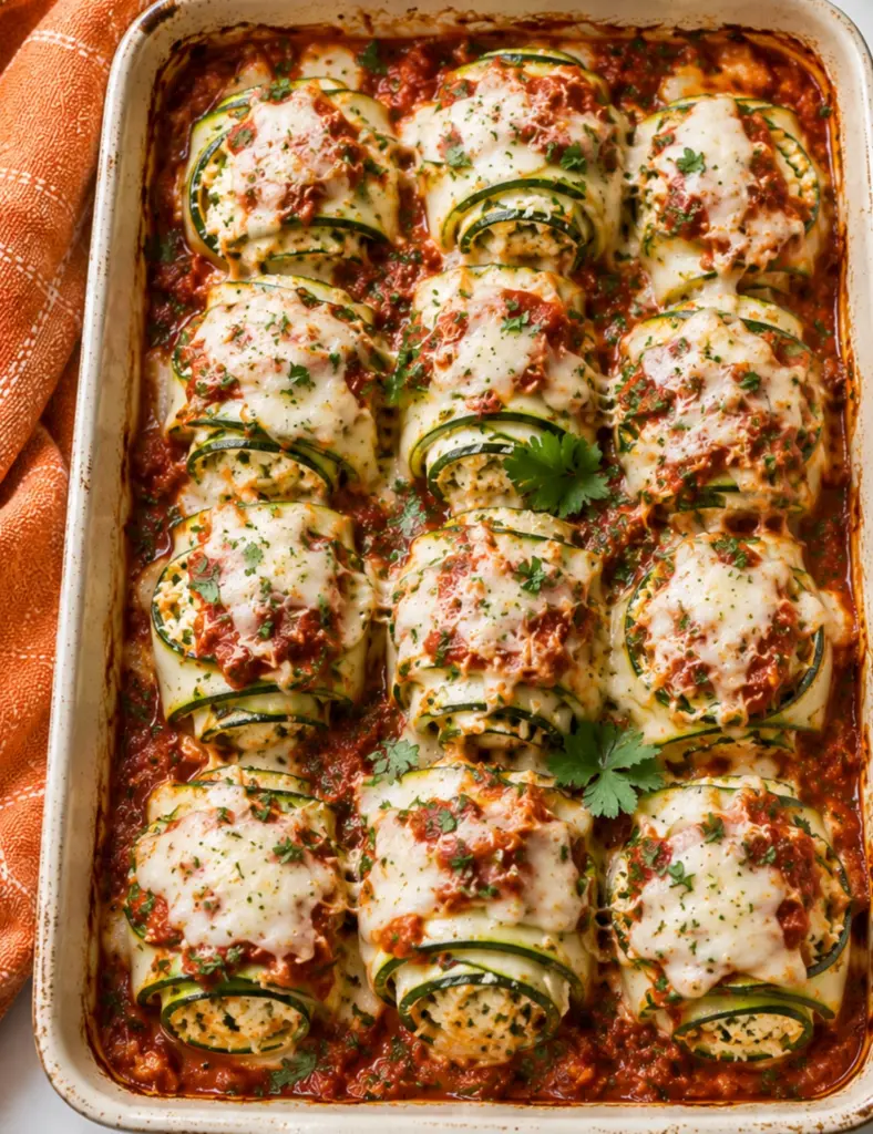 Zucchini Lasagna Roll-Ups baked with creamy cheese filling, marinara sauce, melted mozzarella, and fresh herbs in a ceramic baking dish.