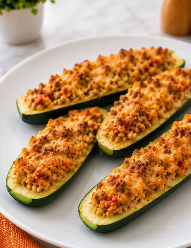 Turkey Stuffed Zucchini Boats filled with seasoned ground turkey, diced vegetables, and golden melted cheese on a white serving plate.