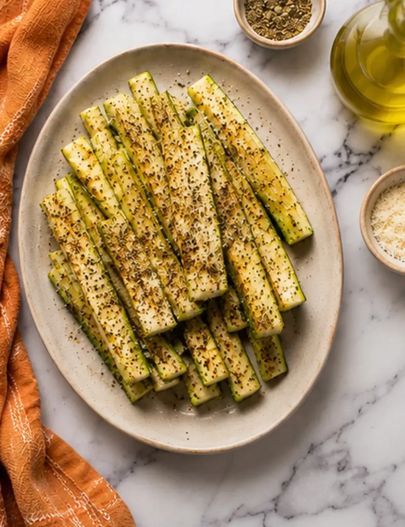 Baked Parmesan Zucchini sticks topped with herbs and grated cheese on a beige oval plate with olive oil and an orange kitchen towel