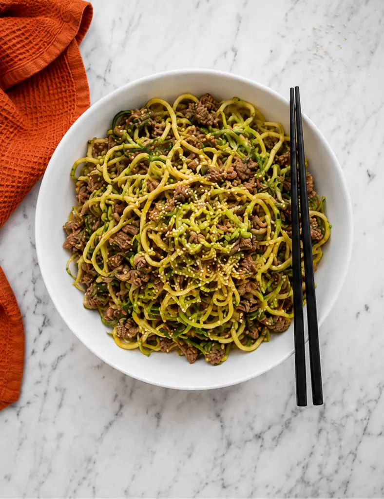 Overhead Korean Beef Zucchini Noodles Bowl