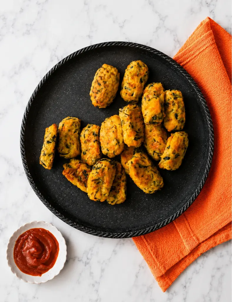 Baked Zucchini Tots served on a black plate with ketchup dipping sauce and an orange towel on a white marble countertop.