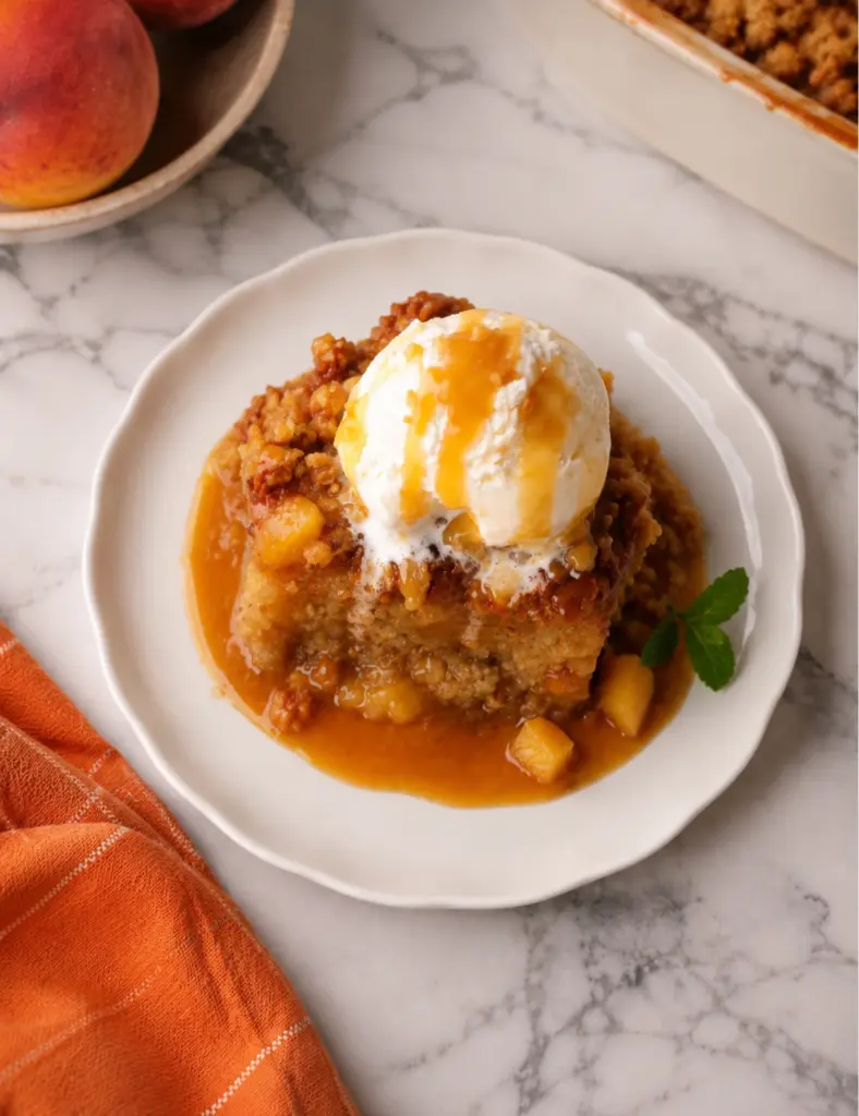 Peach Sticky Pudding served with vanilla ice cream, caramel sauce, peach pieces, and mint on a white plate