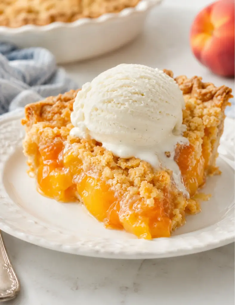 Slice of Homemade Peach Pie Recipe topped with melting vanilla ice cream and juicy peach filling on a white plate.