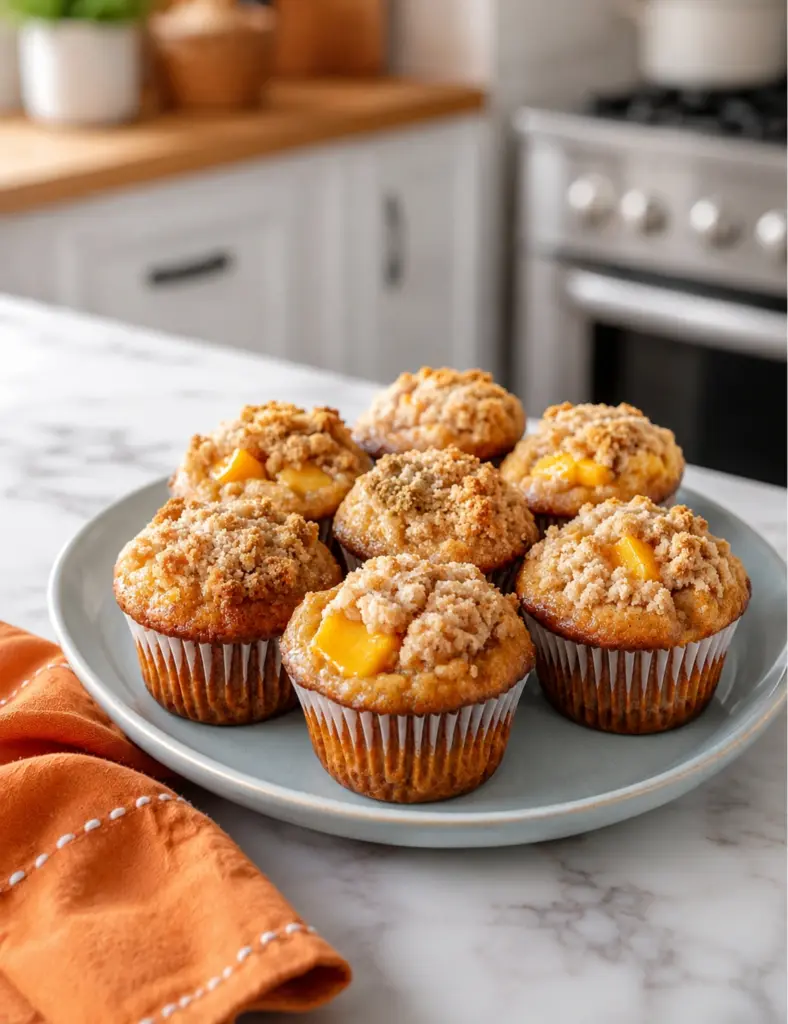 Peach Cobbler Muffins on a ceramic plate with orange towel