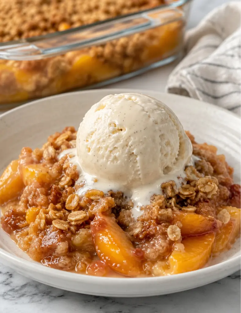 Homemade Peach Crisp with Oat Topping served with vanilla ice cream, fresh peaches, rustic baking dish, and Bake It Today pin text.