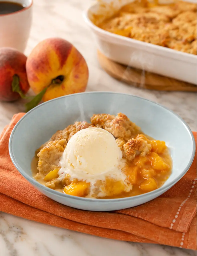Southern Homemade Peach Cobbler served warm with vanilla ice cream, juicy peaches, golden cobbler topping, and orange towel on marble countertop.
